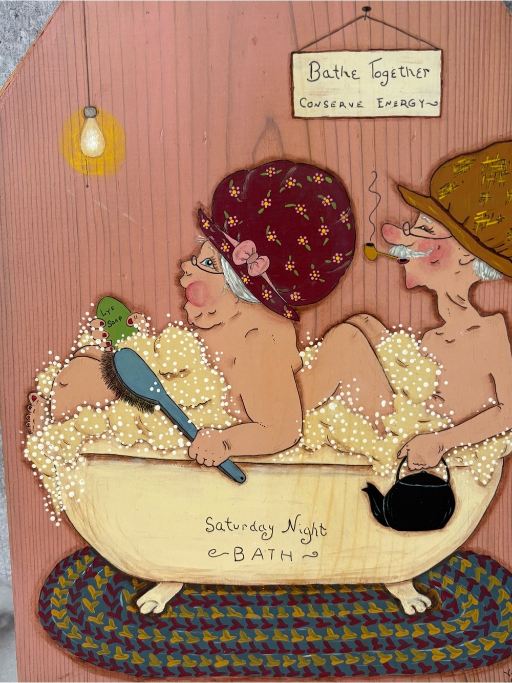 Vintage 1986 Hand Painted Folk Art Bath Wood Wall Plaque - Picture 4 of 9